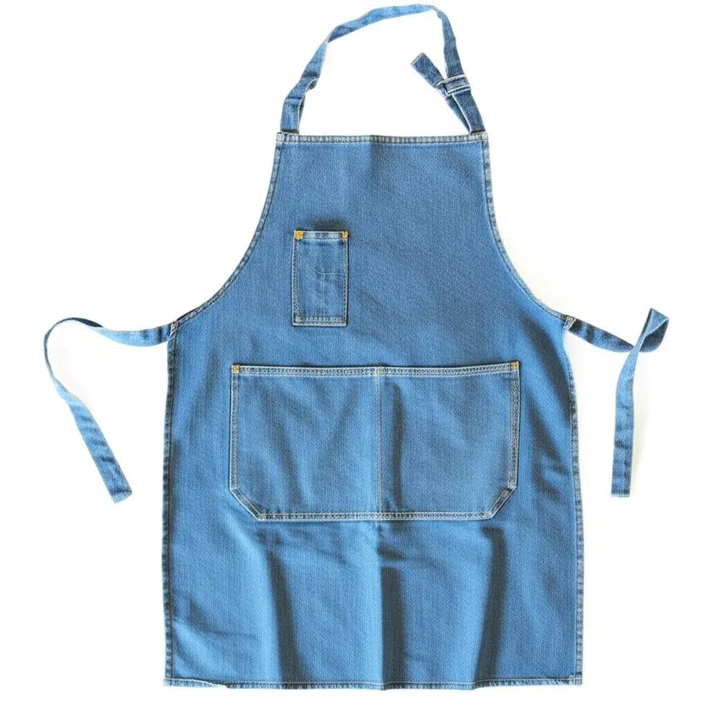 Blue denim apron with front pockets and long ties