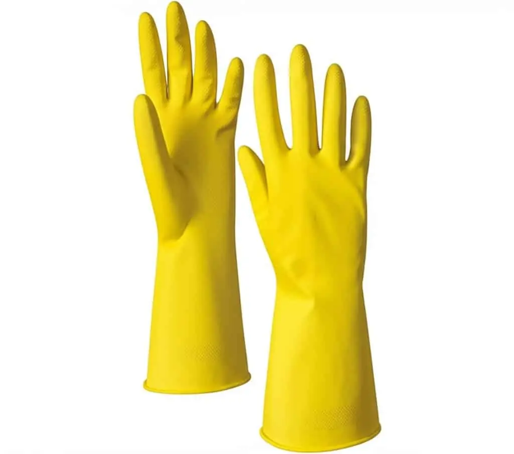 Pair of yellow rubber cleaning gloves standing upright
