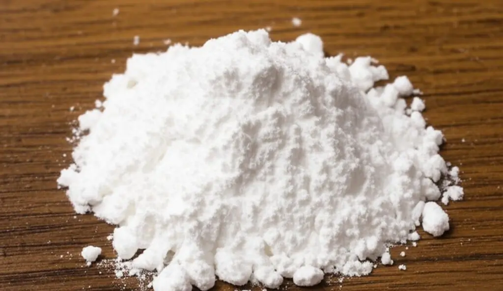 Pile of white cornstarch powder on a dark wooden table