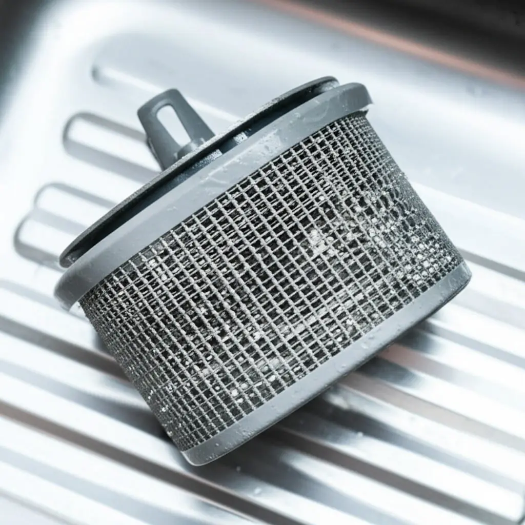 Cylindrical mesh dishwasher filter removed from the tub and resting in a sink