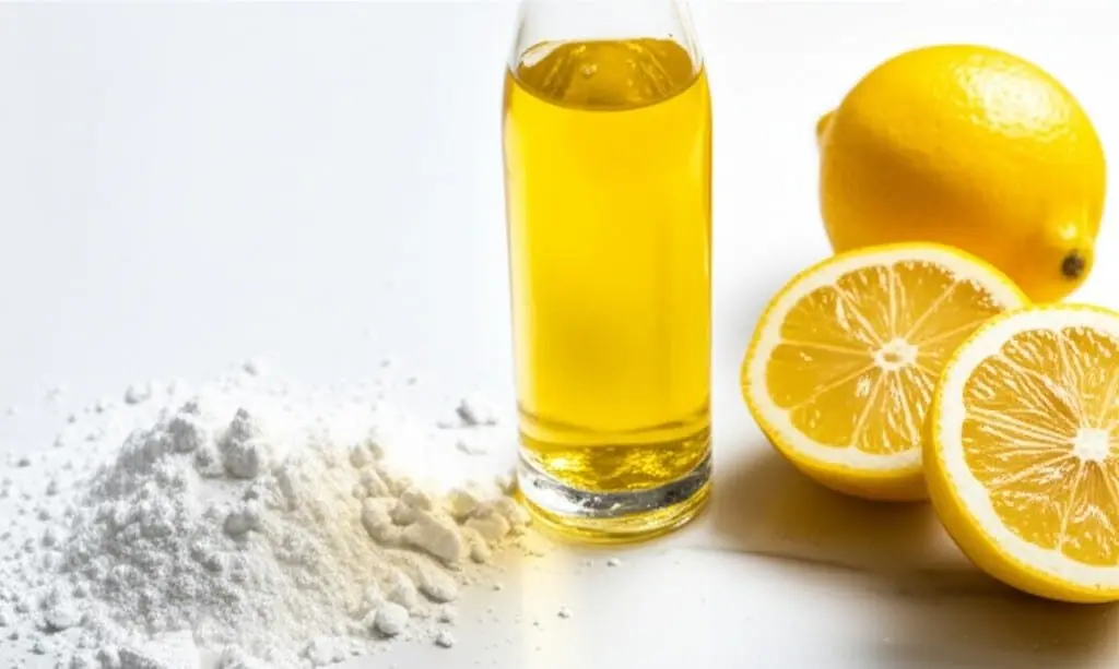 Halved lemons, a glass bottle of oil and a heap of white powder