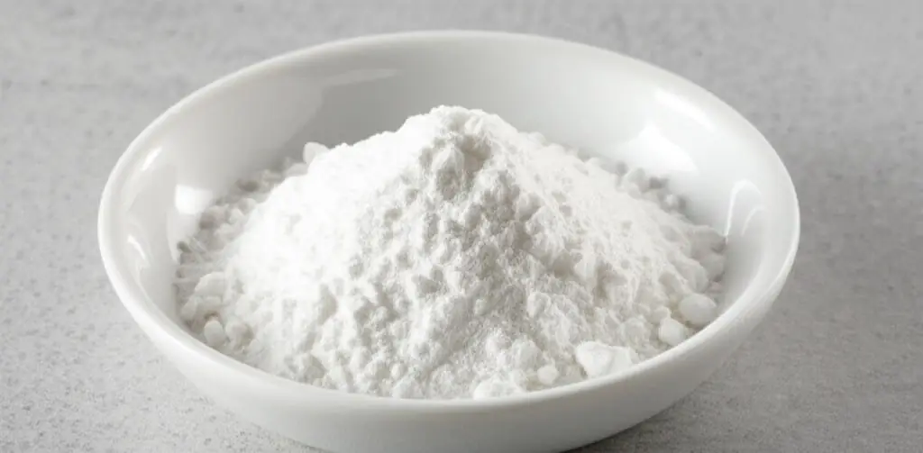 White bowl filled with sodium bicarbonate powder on a grey surface