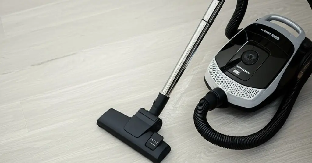 Canister vacuum cleaner with its floor nozzle resting on a light wood floor