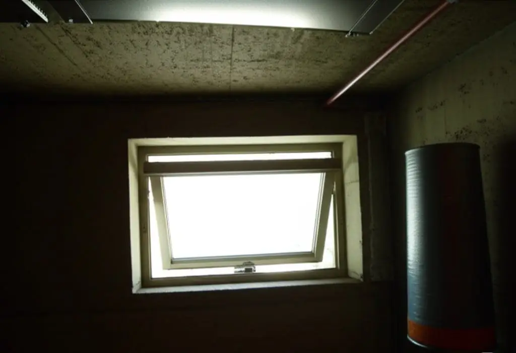 Small window letting daylight into a dark unfinished basement