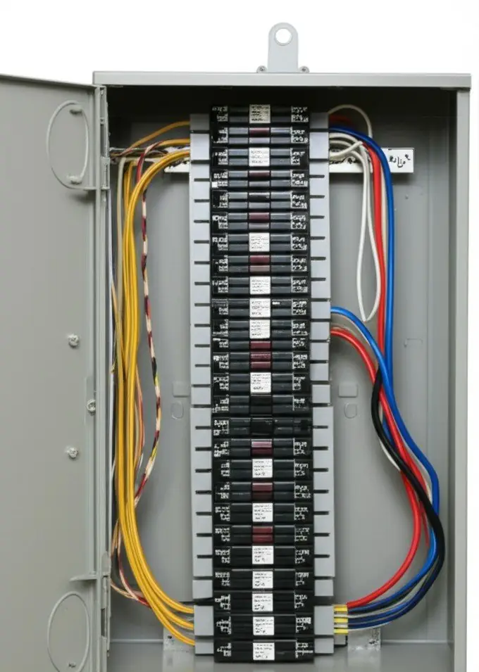 Open electrical panel showing rows of circuit breakers and coloured wiring