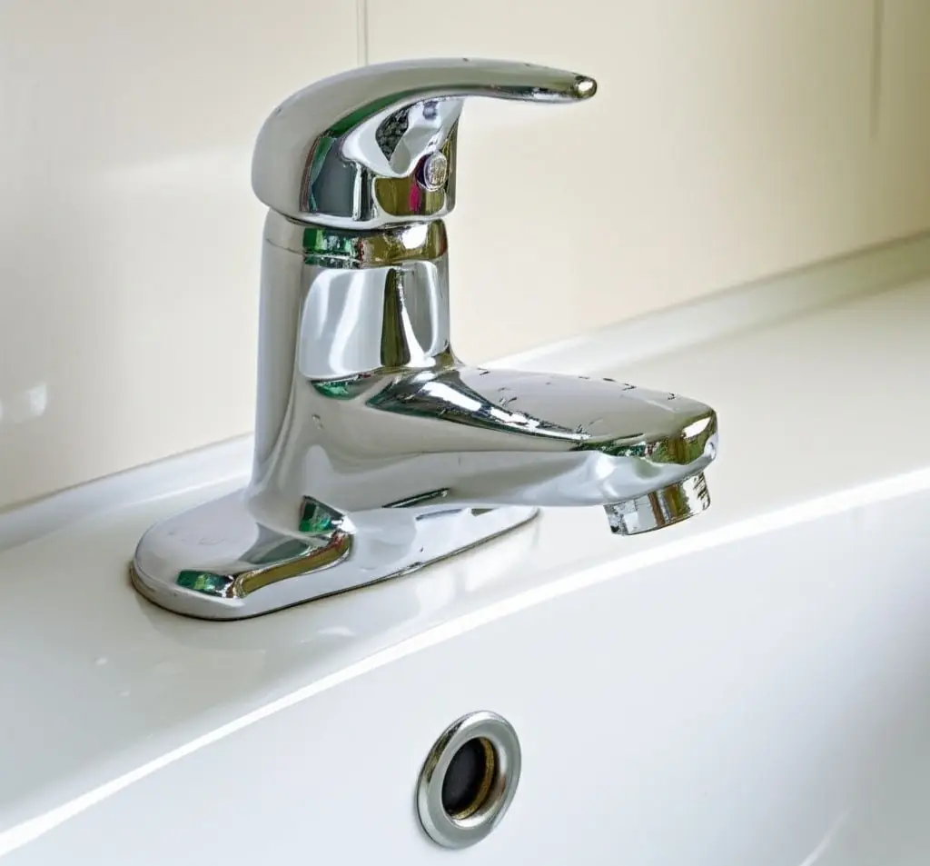 Shiny chrome faucet on a clean white bathroom sink