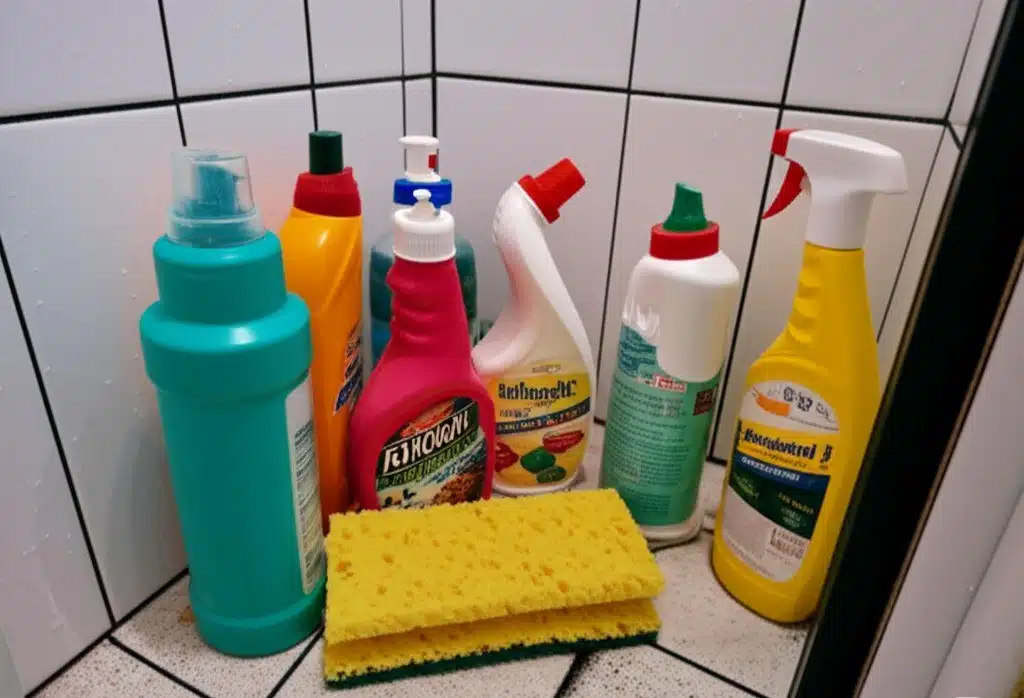 cleaning products in a dirty bathroom