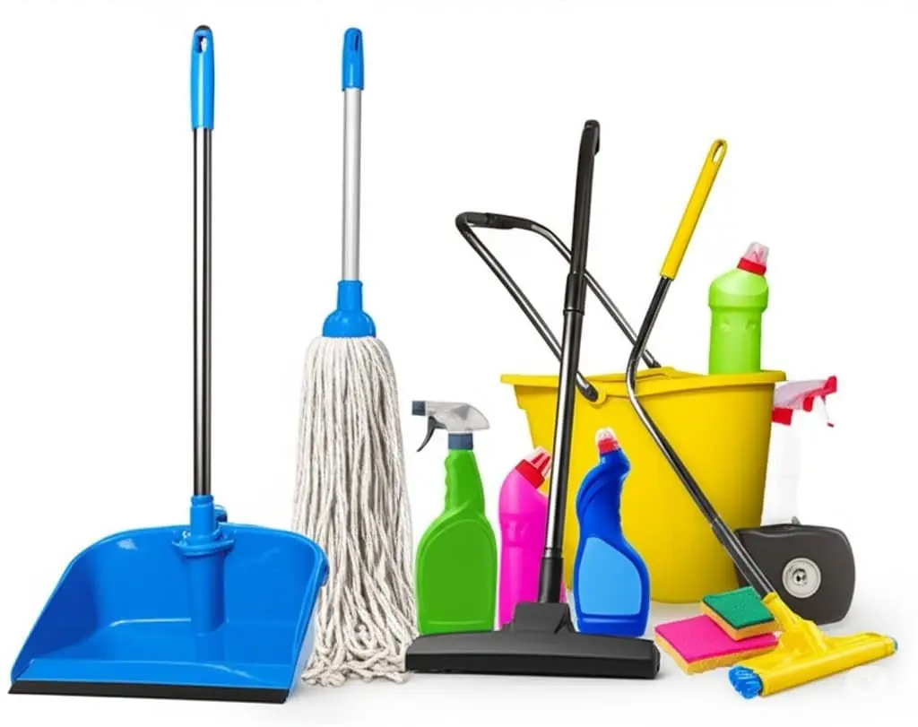 Dustpan, string mop, bucket, spray bottles and sponges grouped together