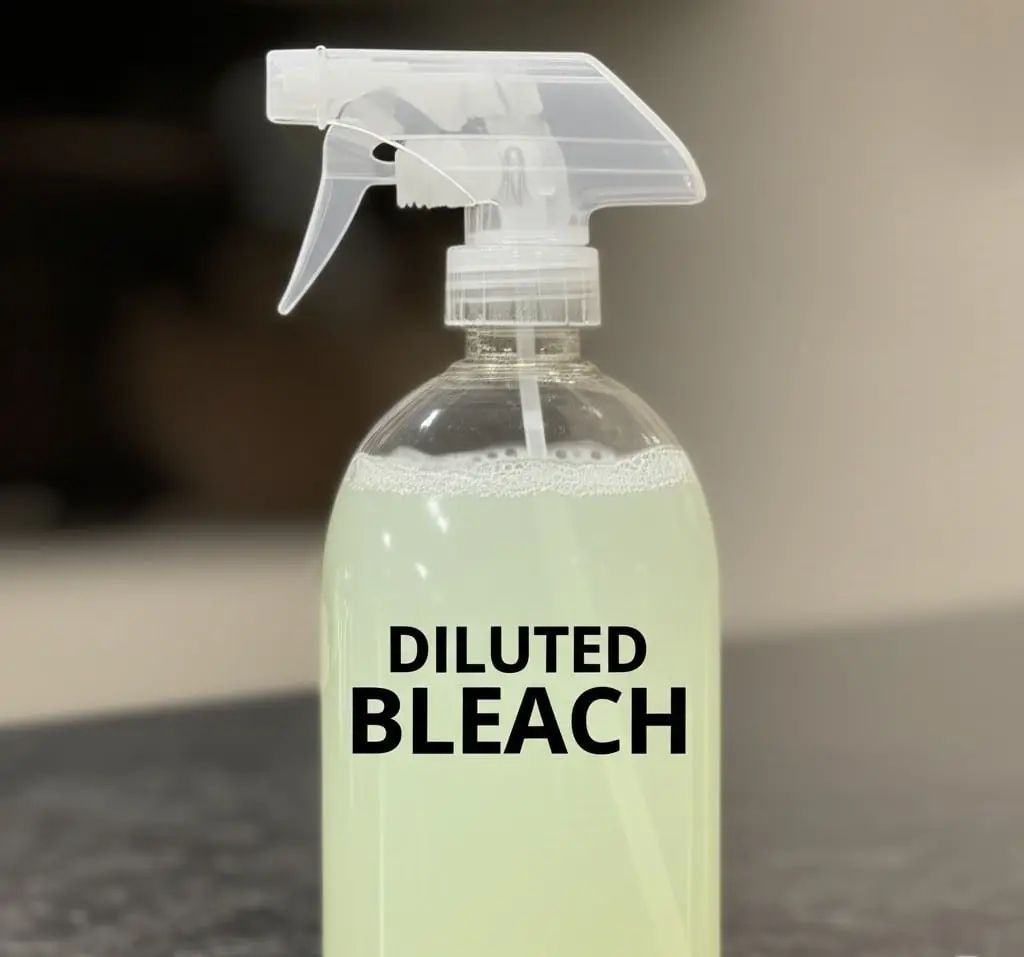 Spray bottle labelled diluted bleach on a dark countertop