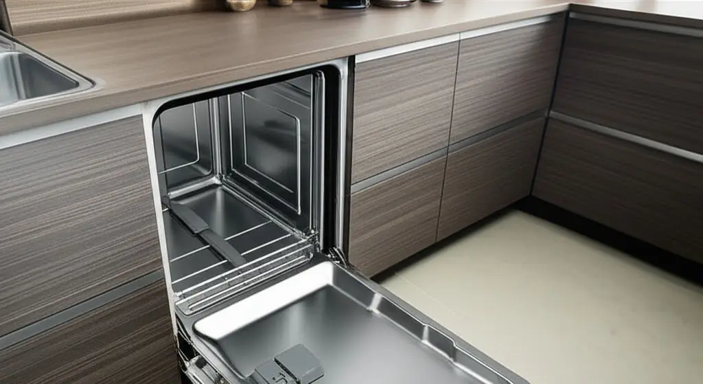 Empty open dishwasher with the racks pulled out in a modern grey kitchen