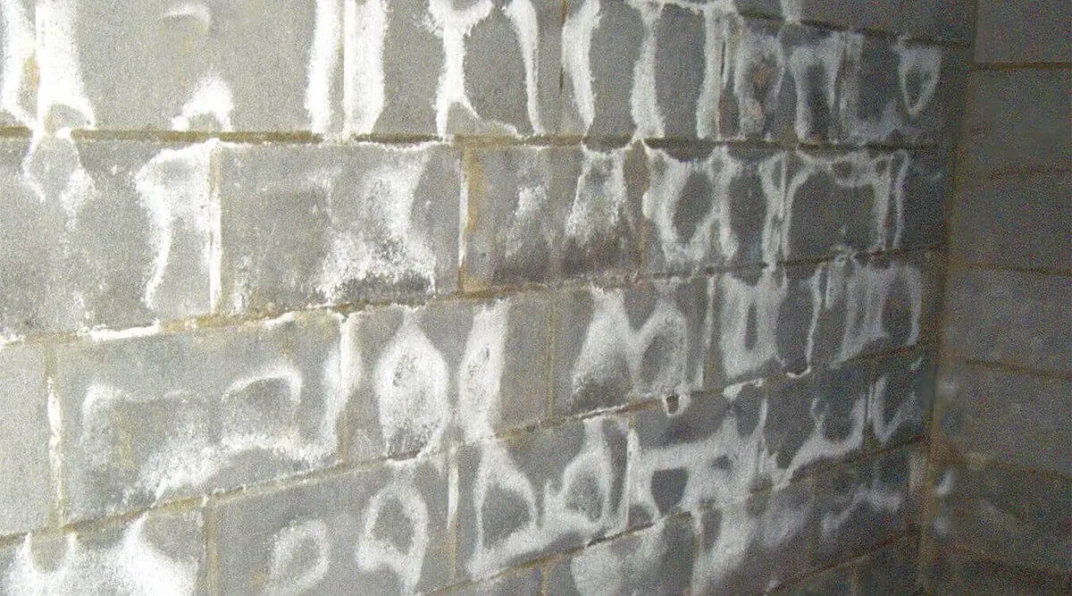 White efflorescence deposits on a grey concrete block basement wall