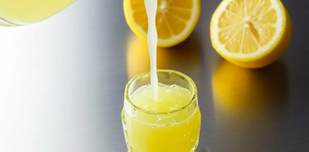 Fresh lemon juice pouring into a glass beside halved lemons