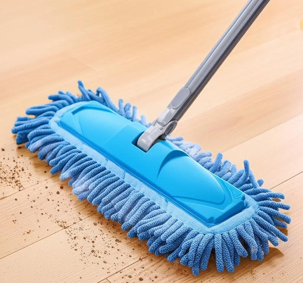 Blue flat microfiber mop picking up crumbs from a wood floor