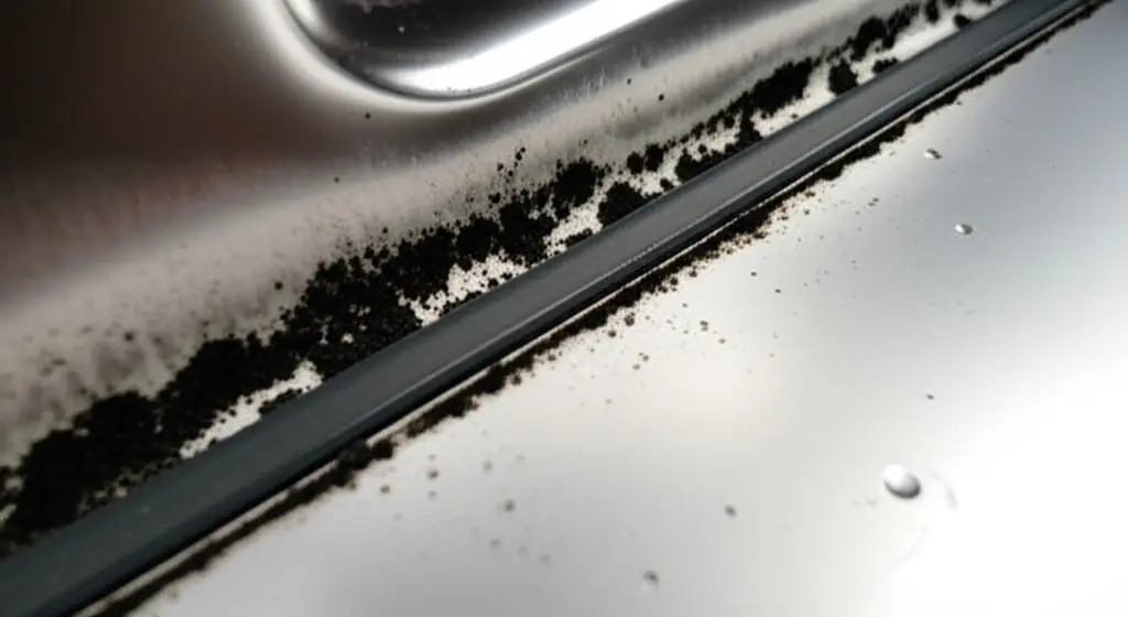 Mould and grime collecting along the inside edge of a dishwasher door