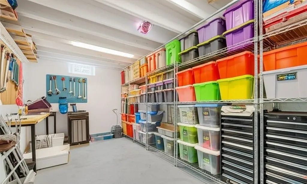 Basement storage area with metal shelving full of colourful plastic bins