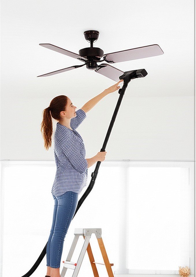 woman cleaning a ceiling fan with a vacuum cleaner