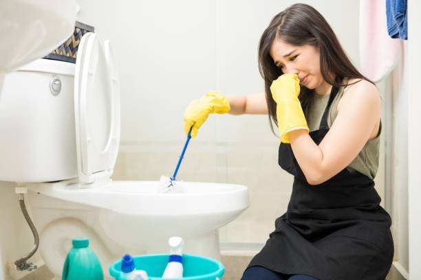 woman cleaning a toilet