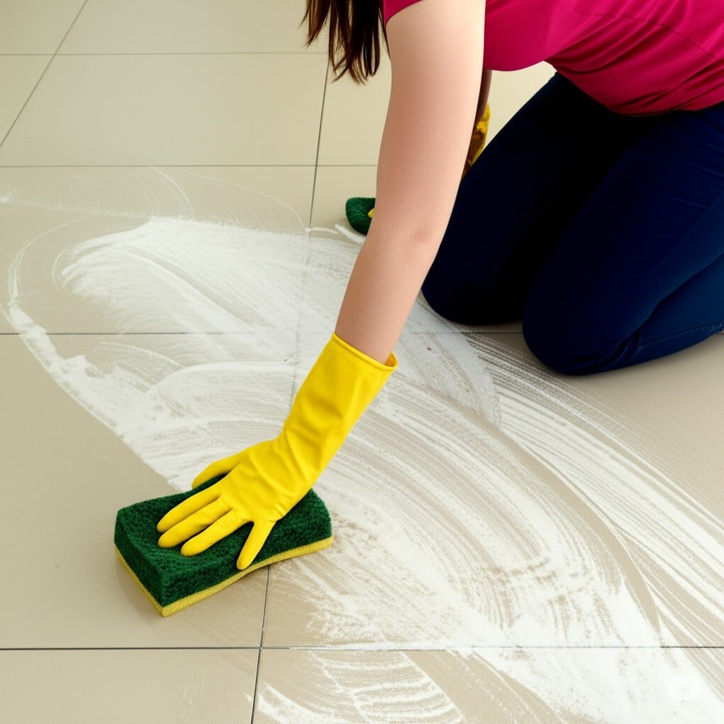 woman cleaning hard water on the floor