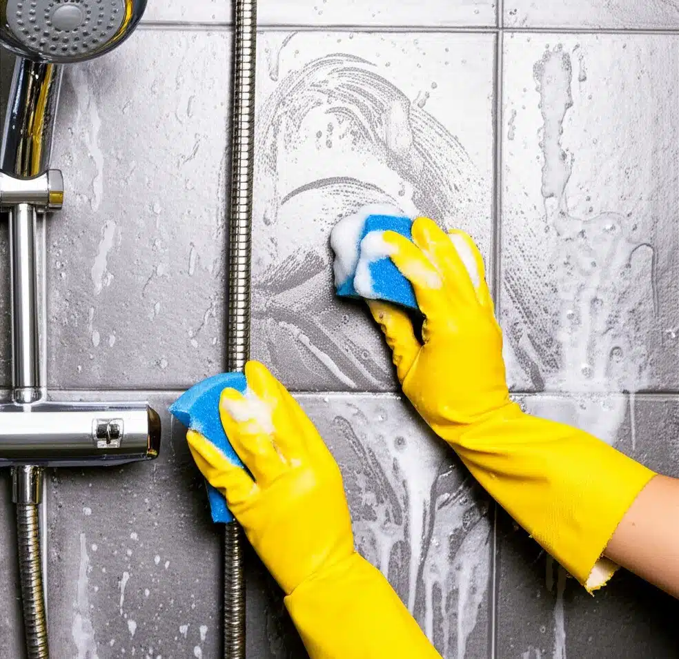woman cleaning the walls of the shower