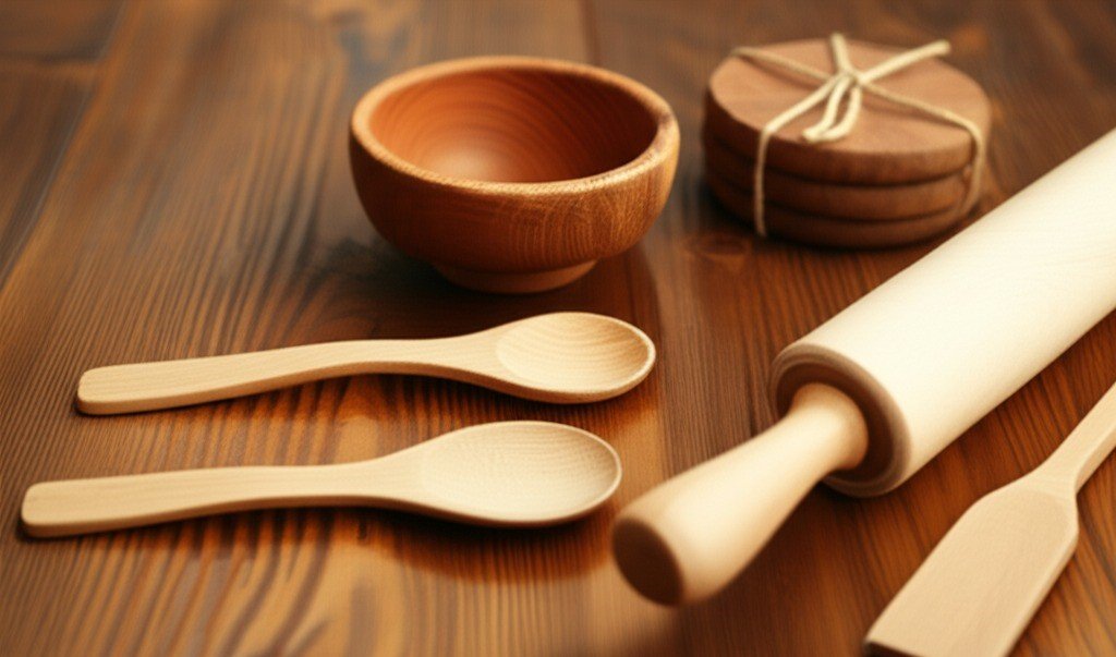 wooden items on top of a wooden table