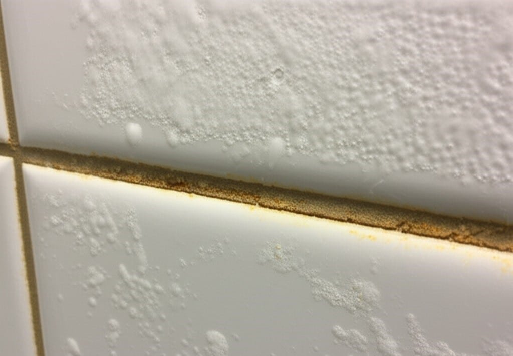 Bathroom soap scum and mineral deposits have accumulated