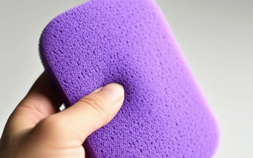 Hand holding a purple microfiber sponge
