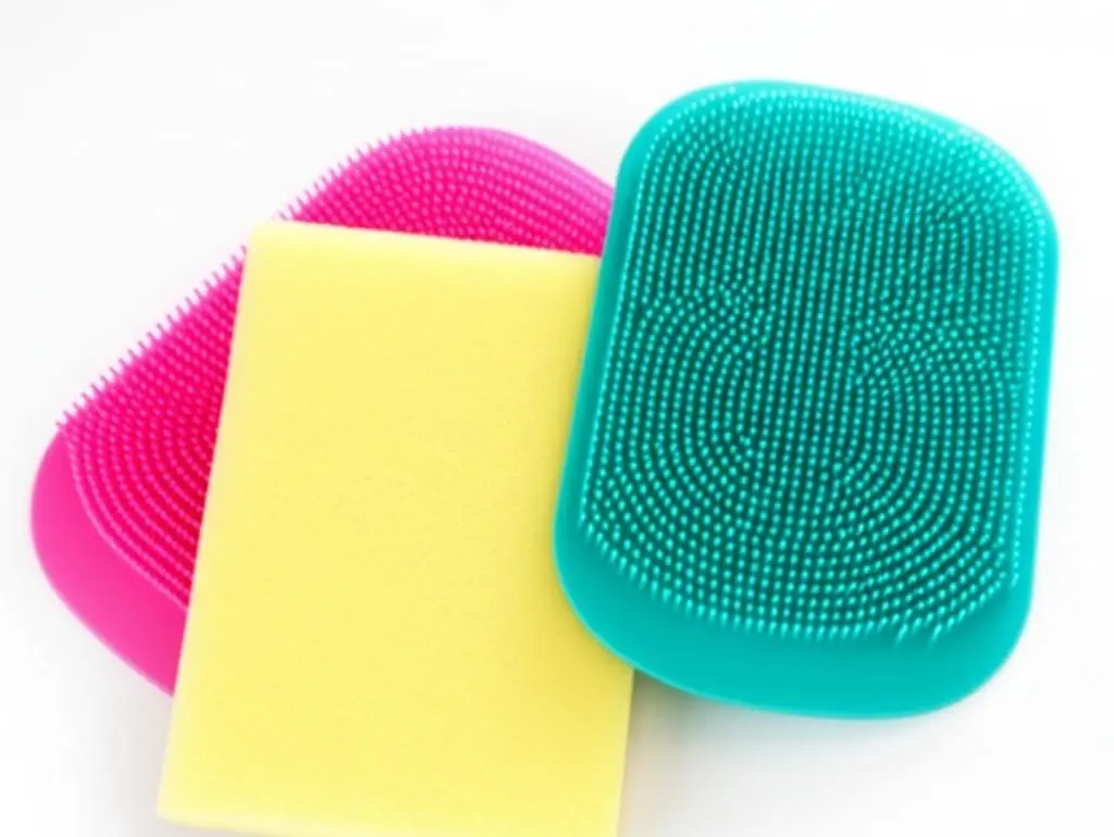 Pink and teal silicone scrubbers next to a yellow sponge