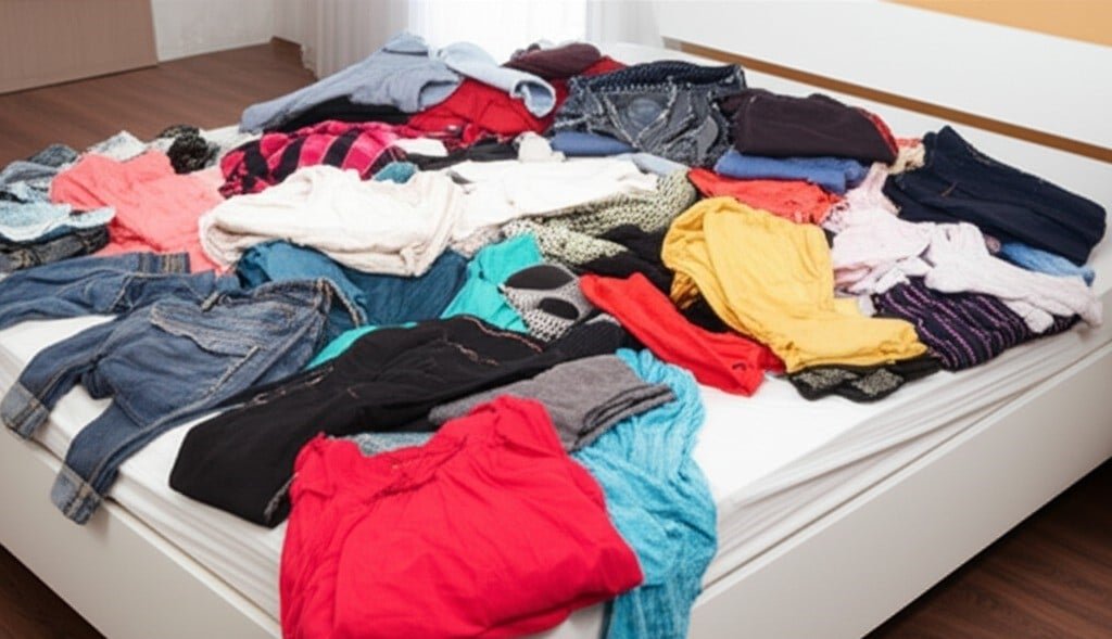 a bed with several piles of clothes
