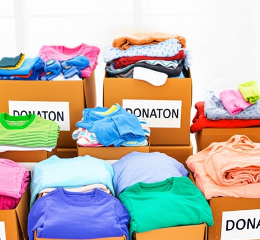 donation boxes with children's clothes
