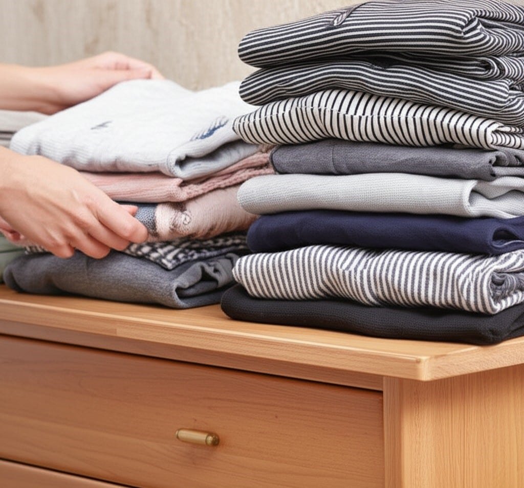 organizing the piles of clothes