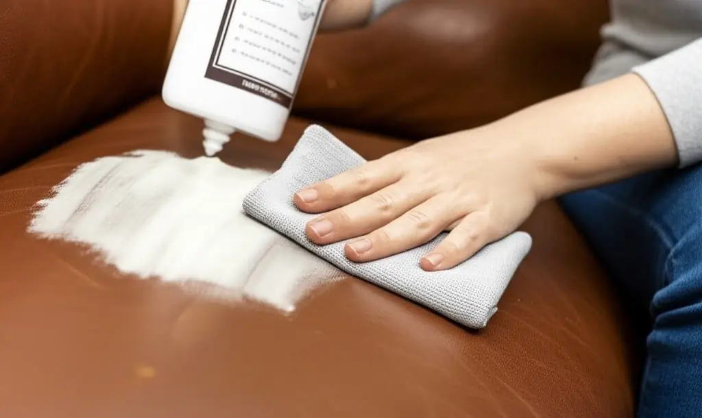 woman applying leather conditioner to sofa