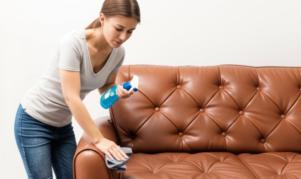woman cleaning a leather sofa
