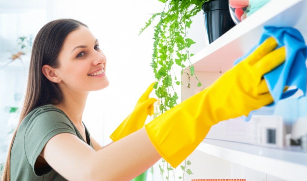 woman cleaning the house happily