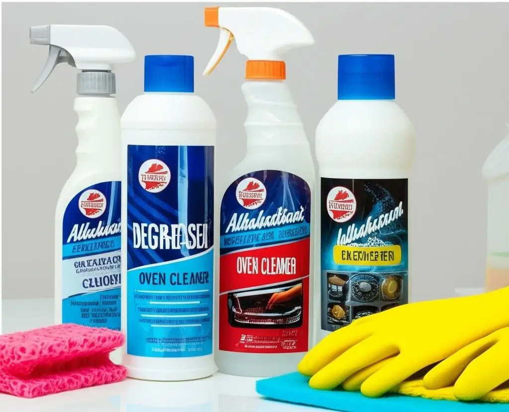 Bottles of degreaser and oven cleaner with yellow gloves and a pink sponge