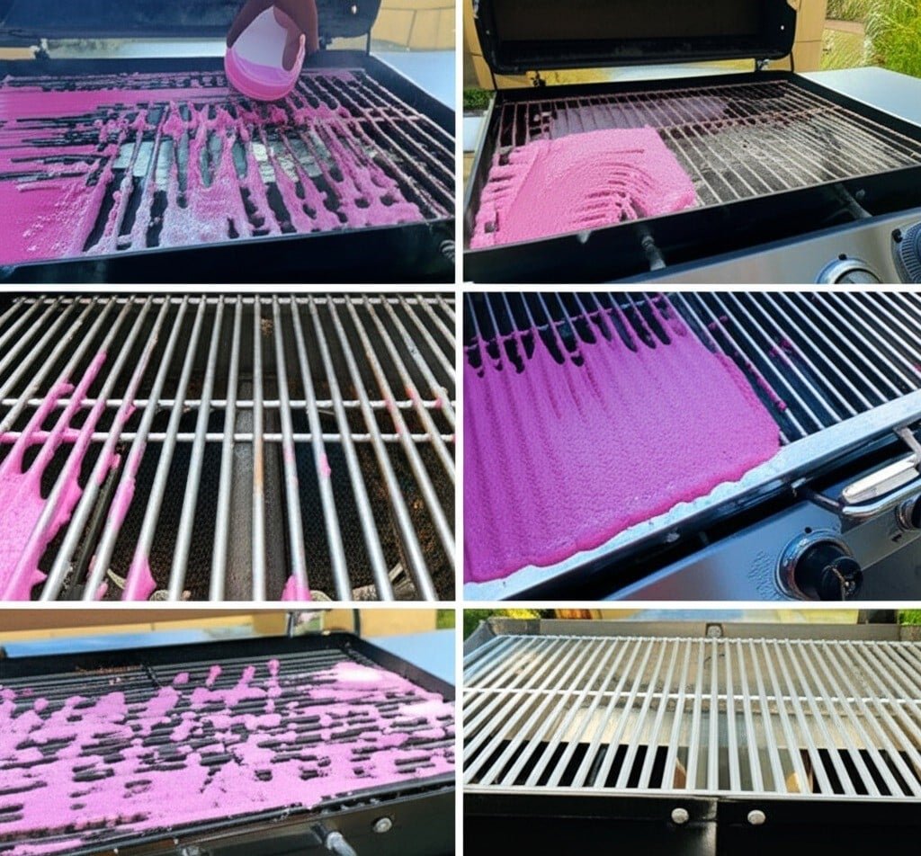 Barbecue grills being cleaned with pink paste