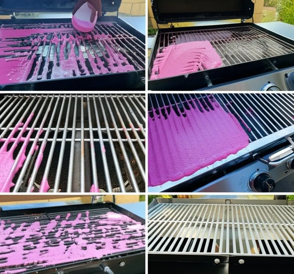 Barbecue grills being cleaned with pink paste
