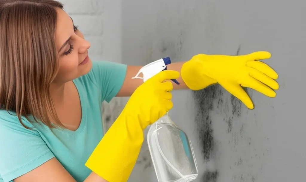 Woman in yellow rubber gloves spraying a mouldy grey wall
