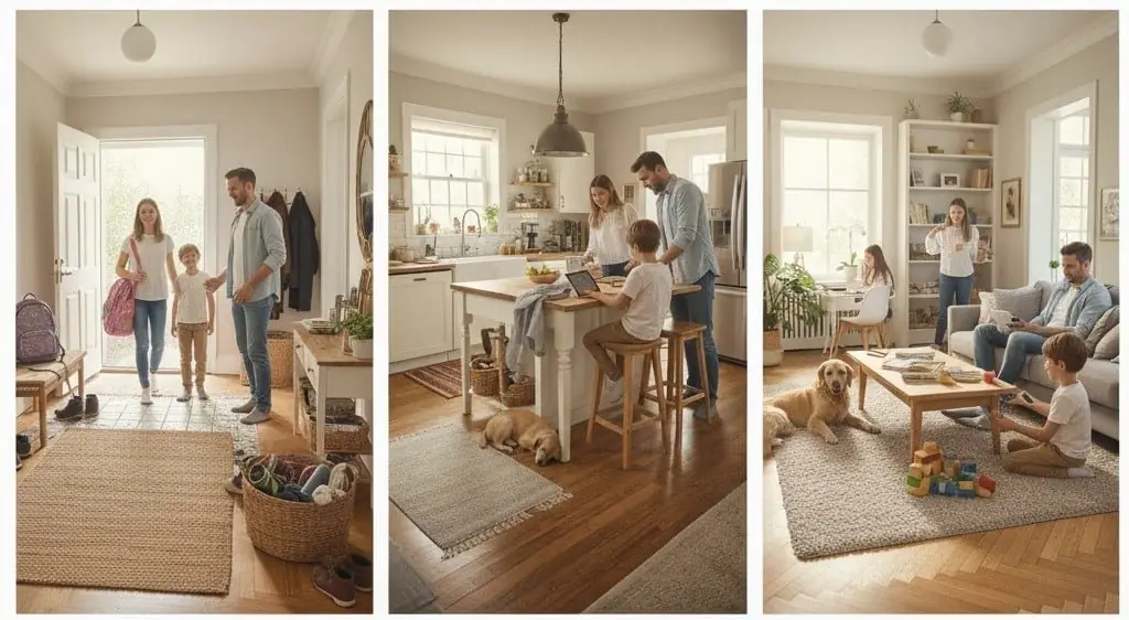Three scenes of a family with a dog using the entryway, kitchen and living room