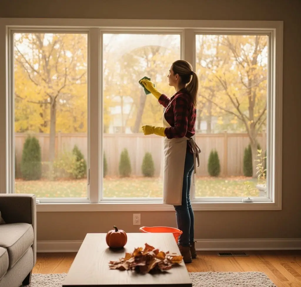 Woman in an apron wiping a large window with autumn trees outside