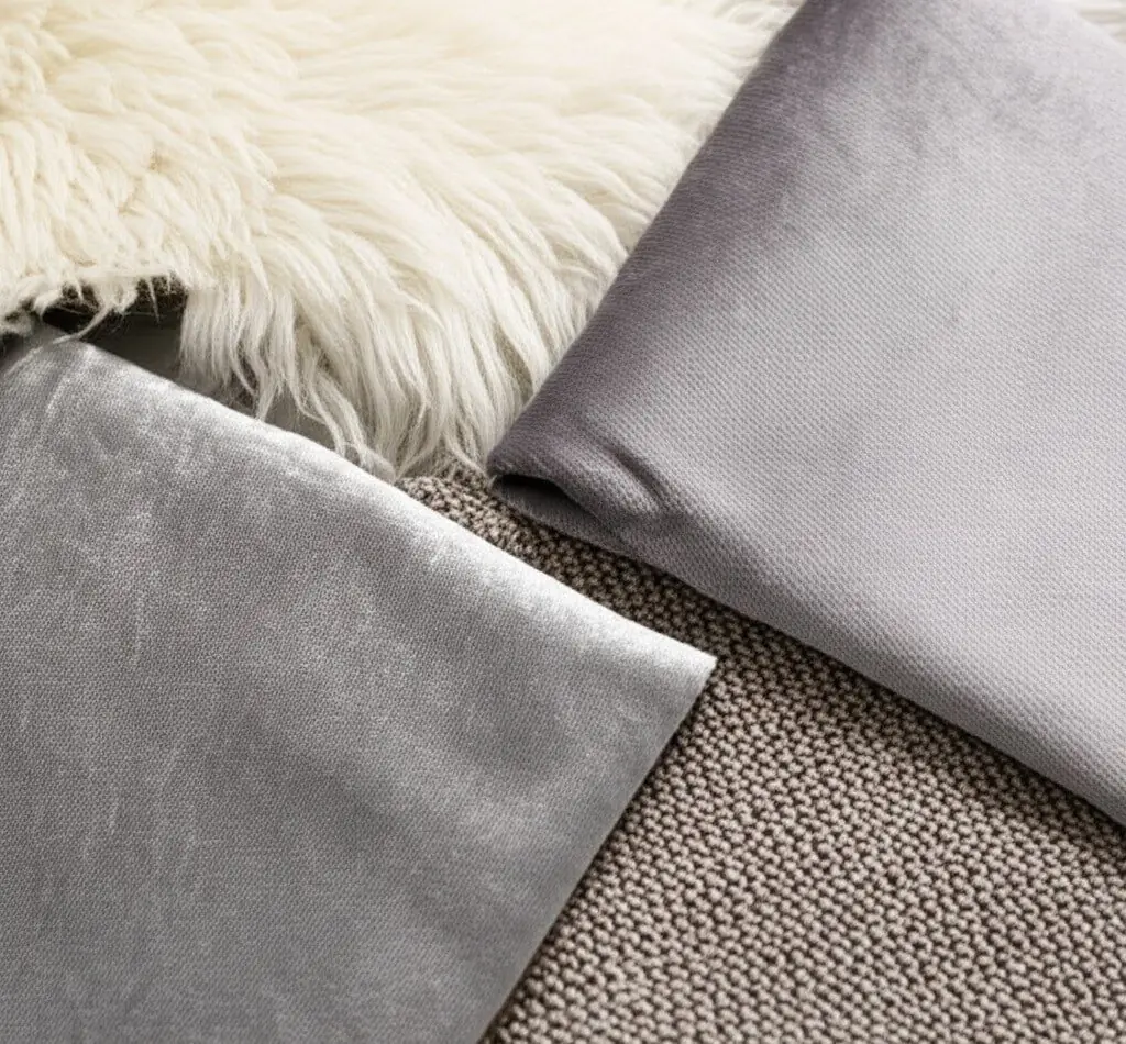 Close-up of grey cushions, a sheepskin throw and a textured rug