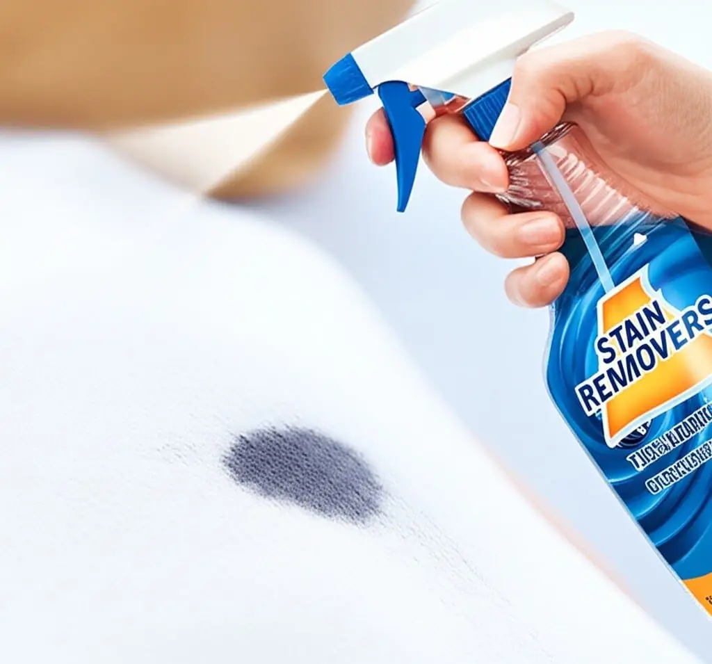 Hand spraying stain remover onto a dark spot on white fabric