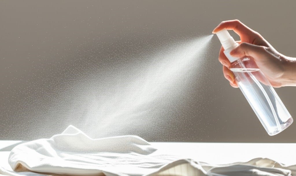 a woman spraying on a garment