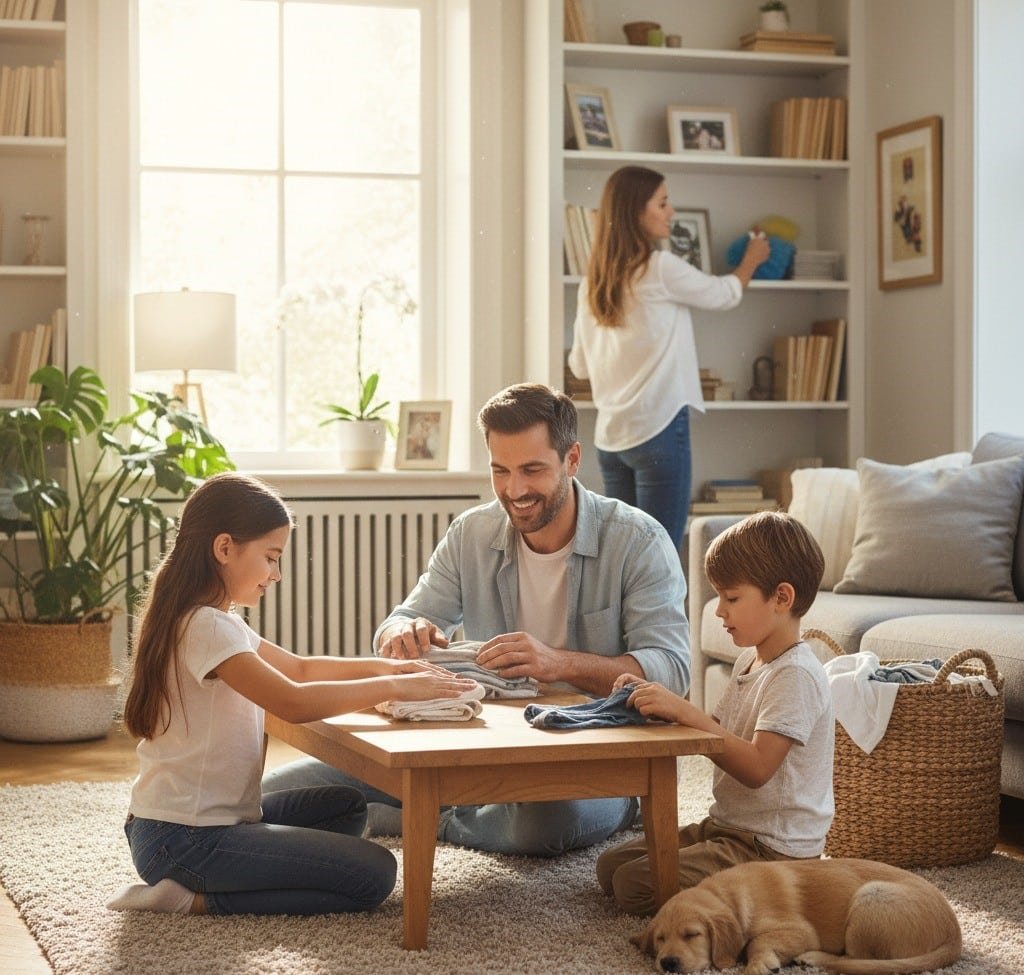 children and husband helping with household chores