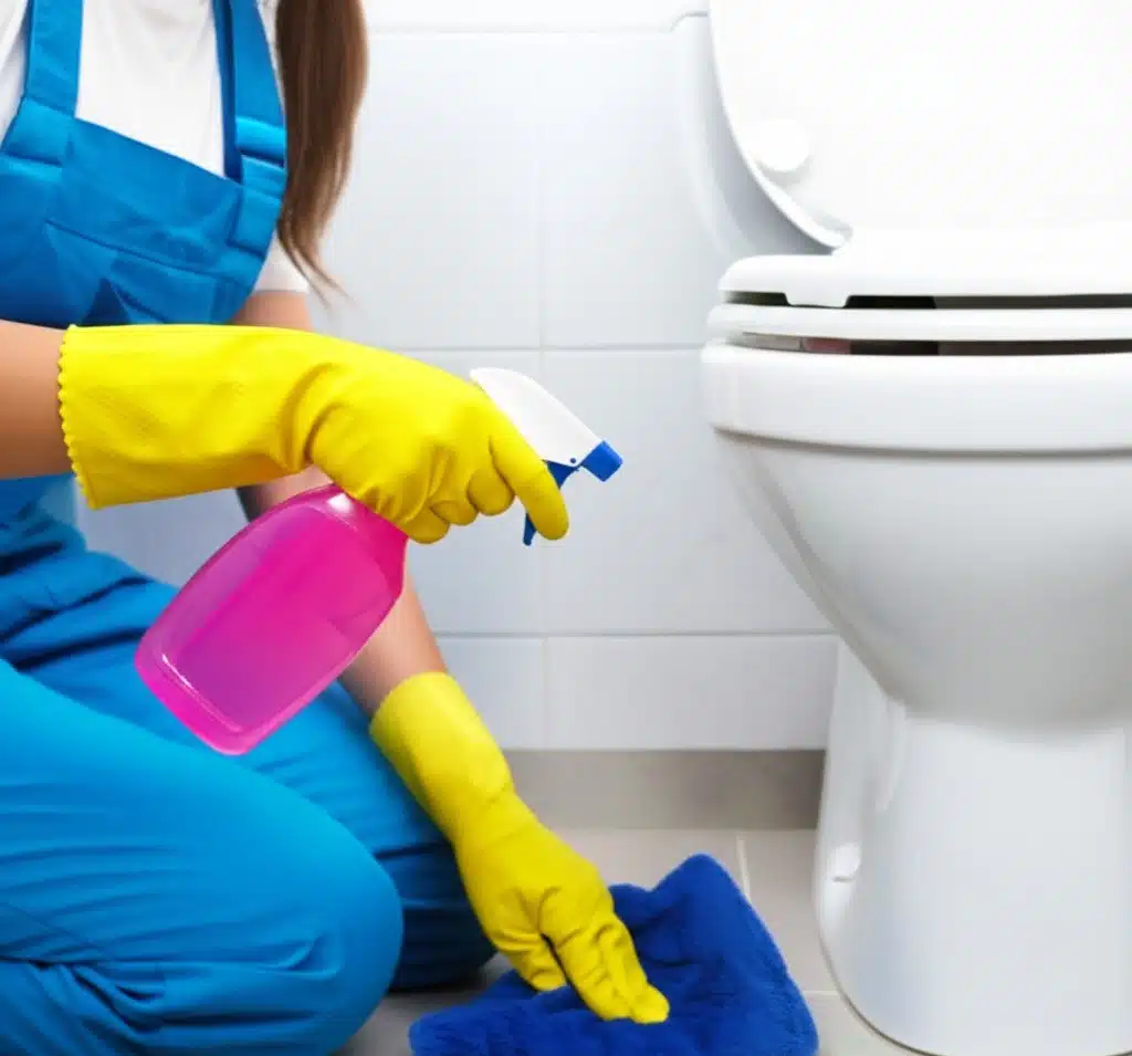 cleaning lady disinfecting the bathroom