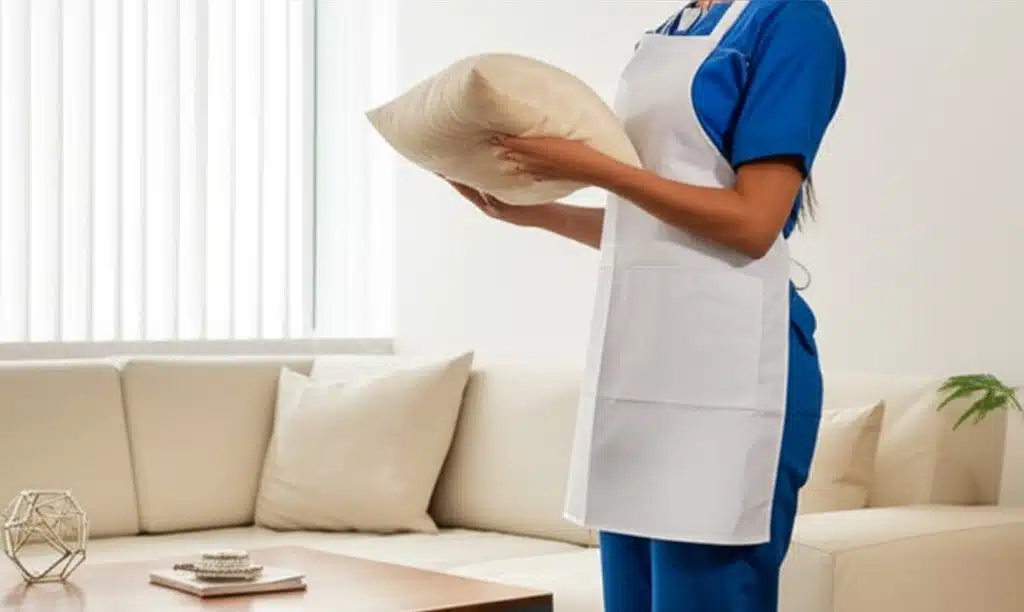 cleaning lady fluffing the sofa cushions