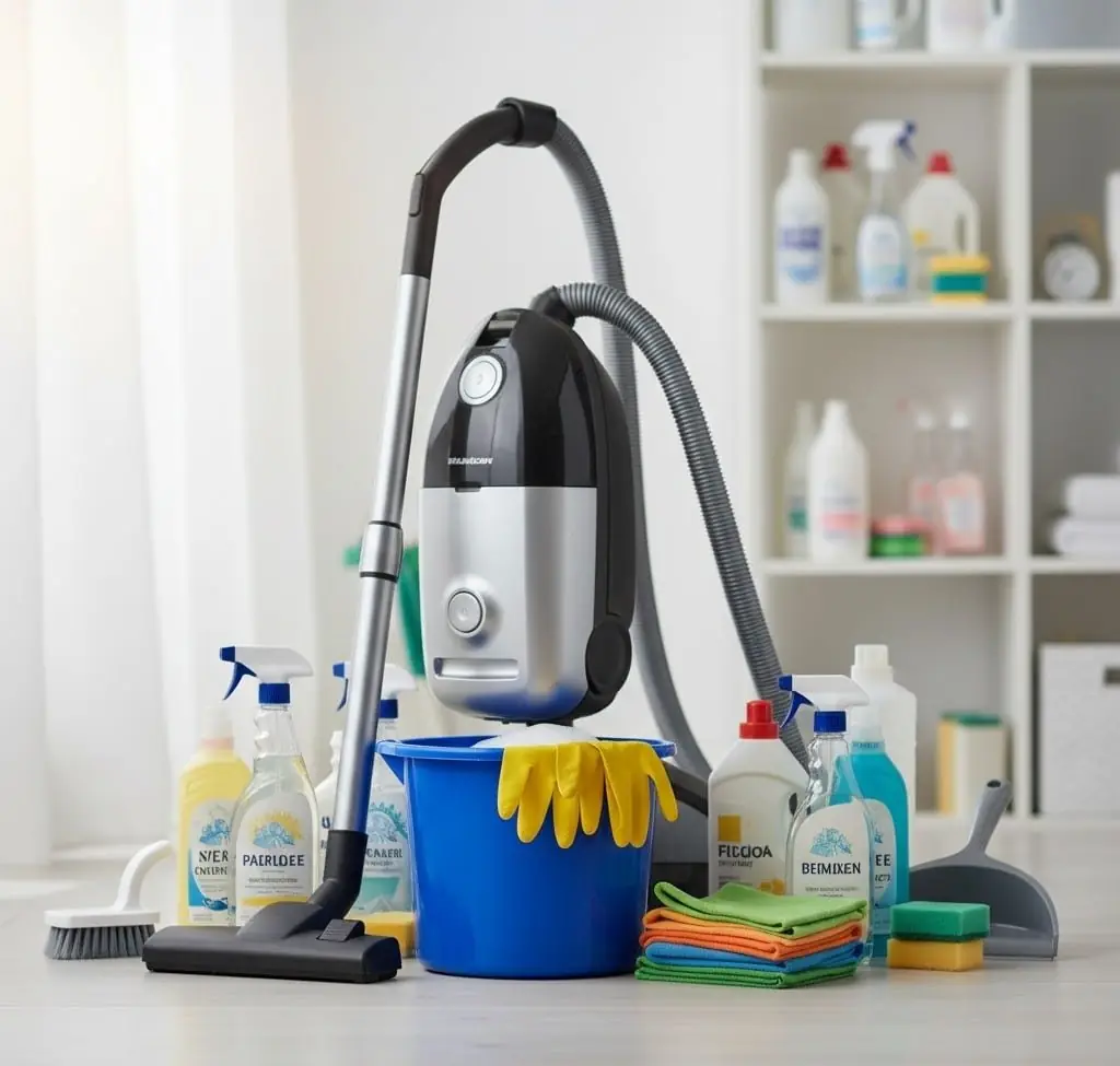 Canister vacuum, blue bucket, gloves, cloths and cleaning sprays by a shelf
