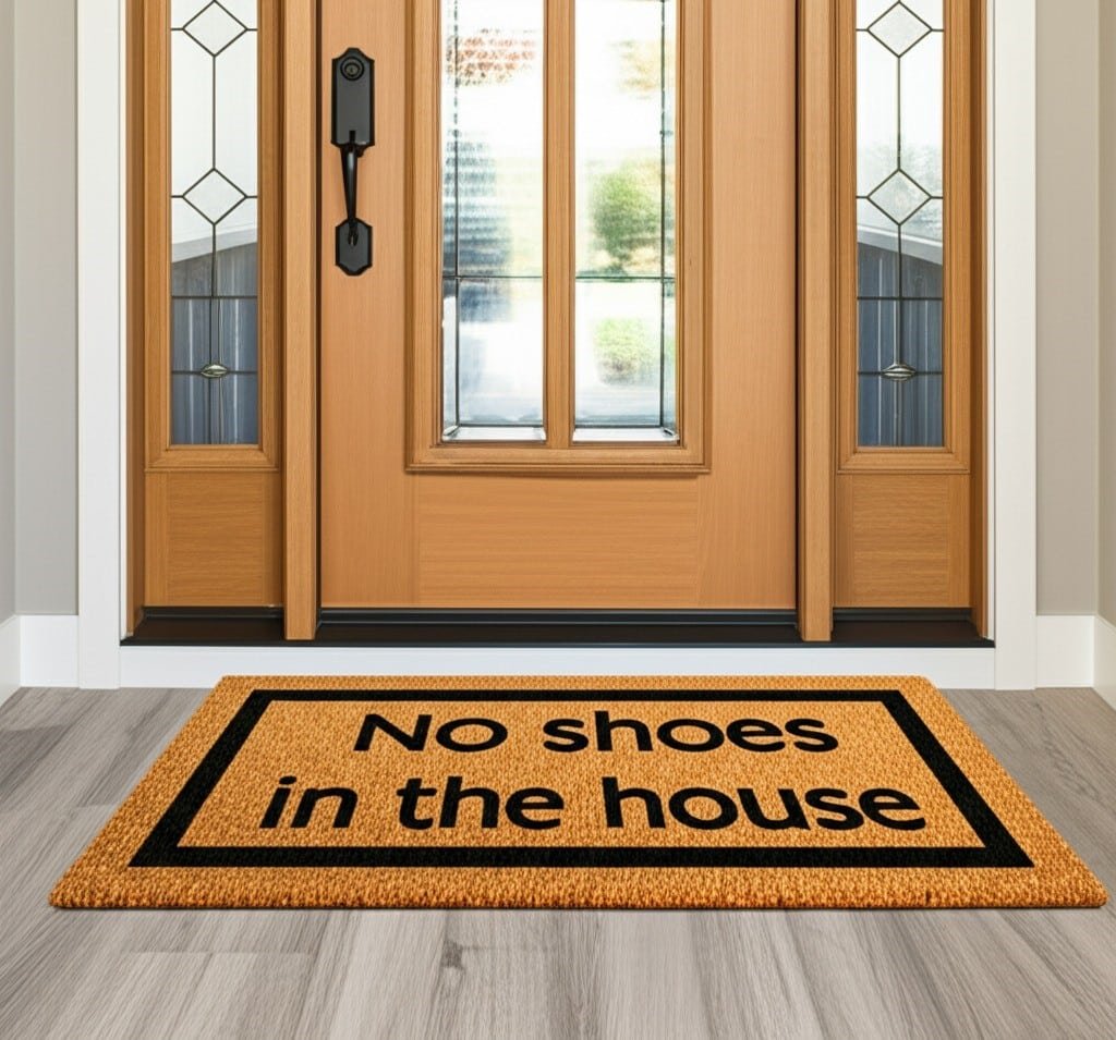 entrance of a house with a doormat that says no shoes in the house