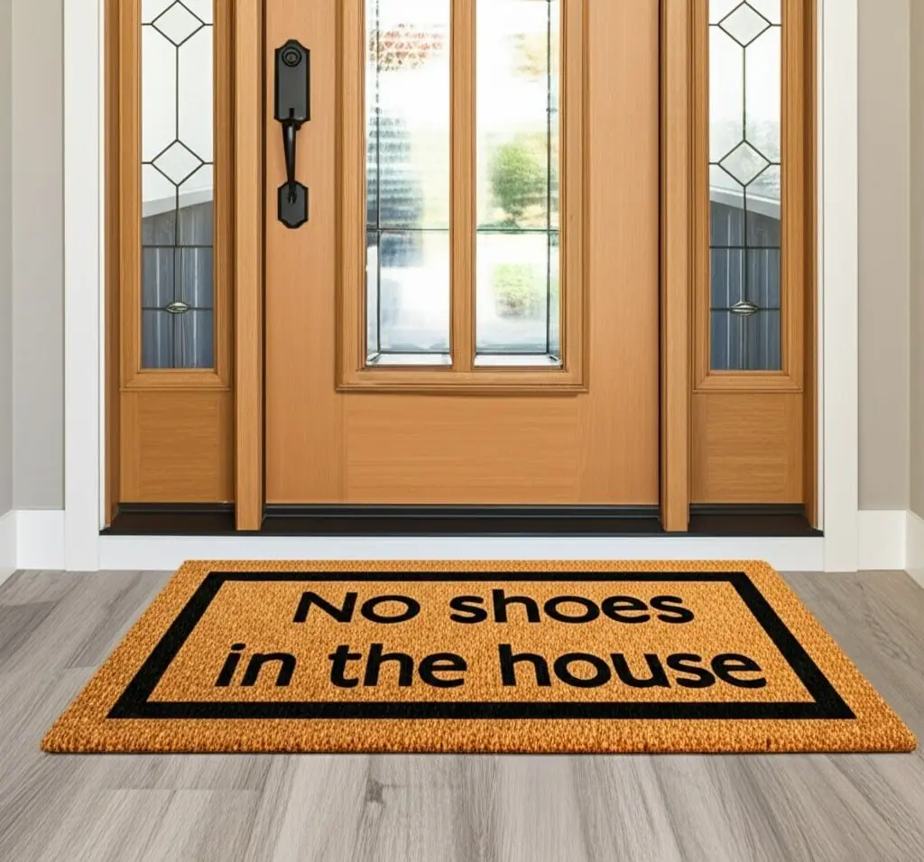 entrance of a house with a doormat that says no shoes in the house