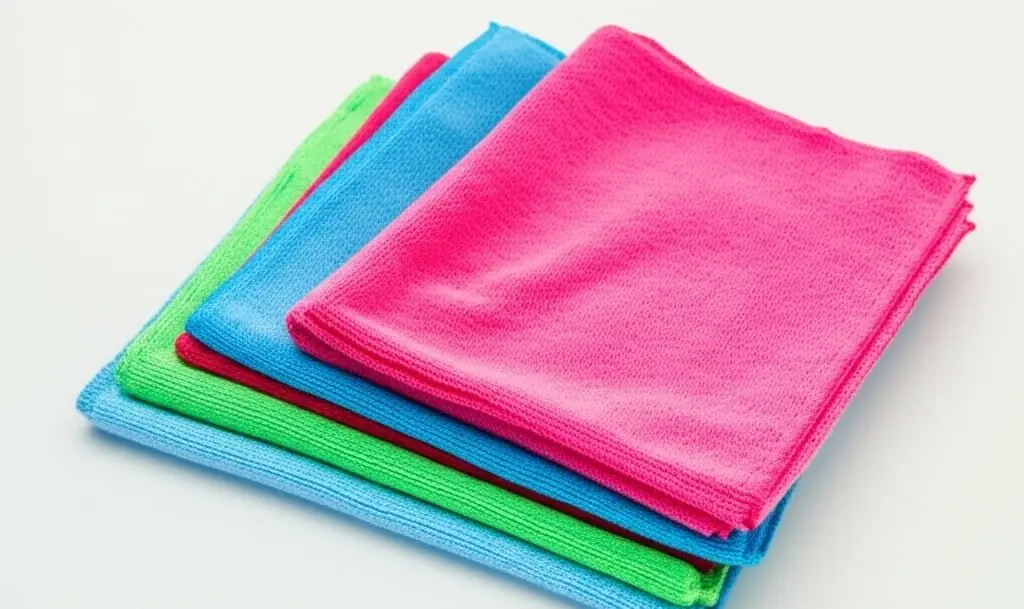 Stack of folded pink, blue and green microfiber cleaning cloths
