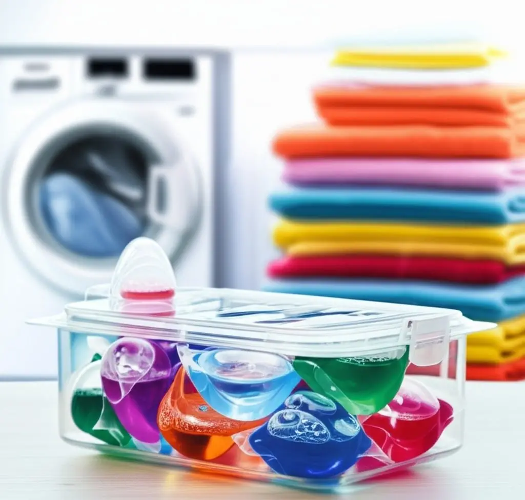 Clear tub of colourful laundry detergent pods in front of folded towels